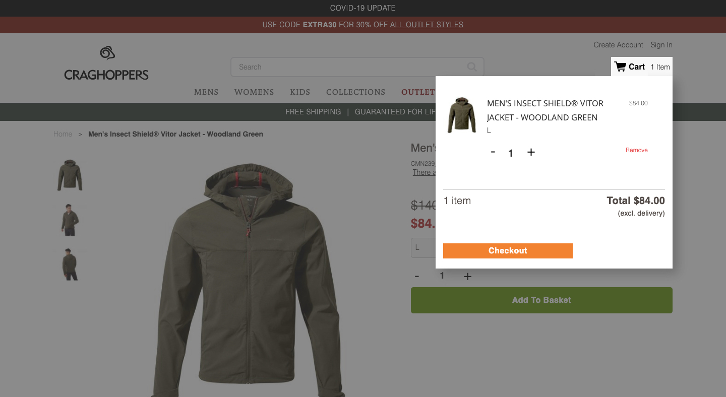 Add to cart functionality on Craghoppers website